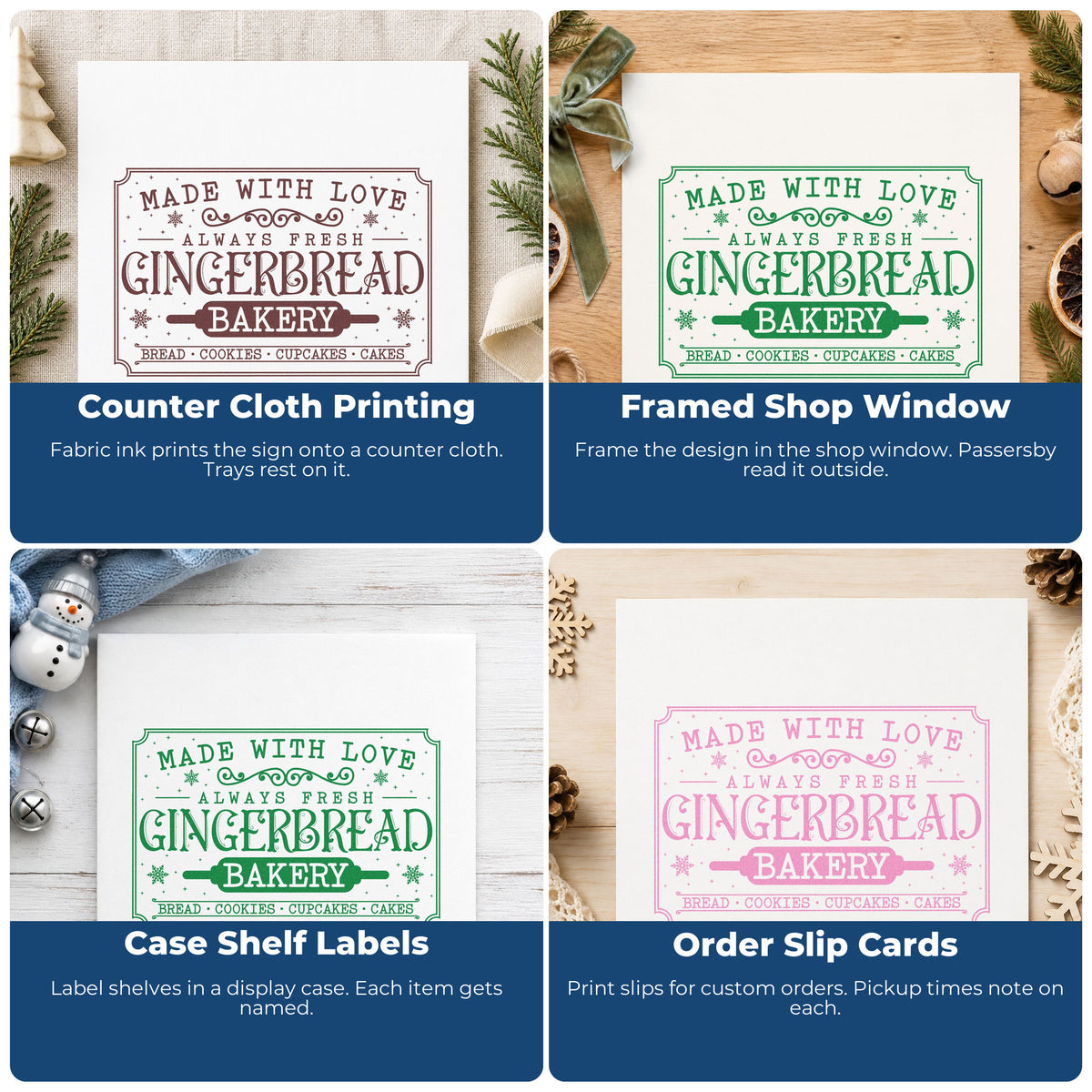 Four ways to use the Slim Pre-Inked Gingerbread Bakery Vintage Sign Lettering Stamp: counter cloth printing, framed shop window, case shelf labels and order slip cards.