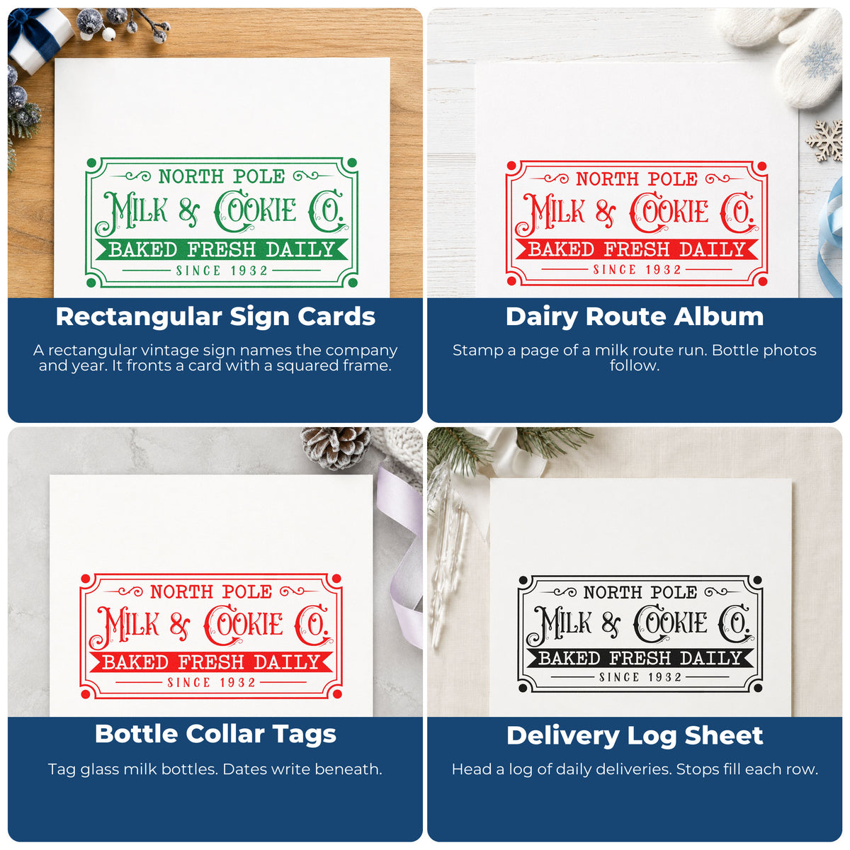 Four ways to use the North Pole Milk Cookie Company Self-Inking Stamp: rectangular sign cards, dairy route album, bottle collar tags and delivery log sheet.