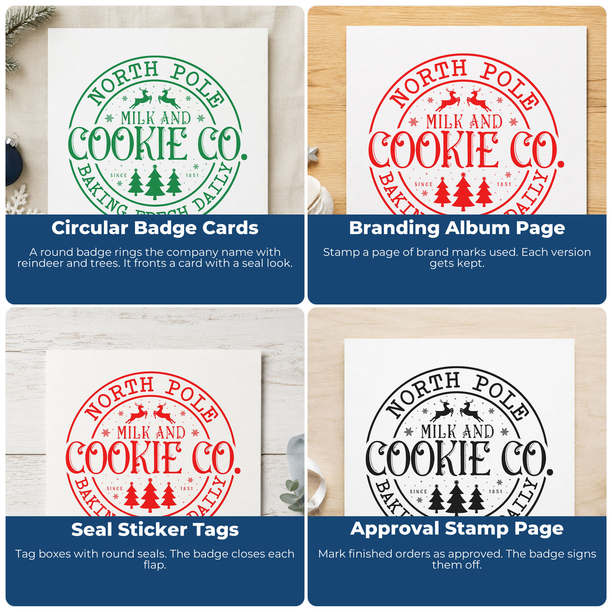 Four ways to use the North Pole Cookie Company Circle Reindeer Pre-Inked Stamp – PSI: circular badge cards, branding album page, seal sticker tags and approval stamp page.
