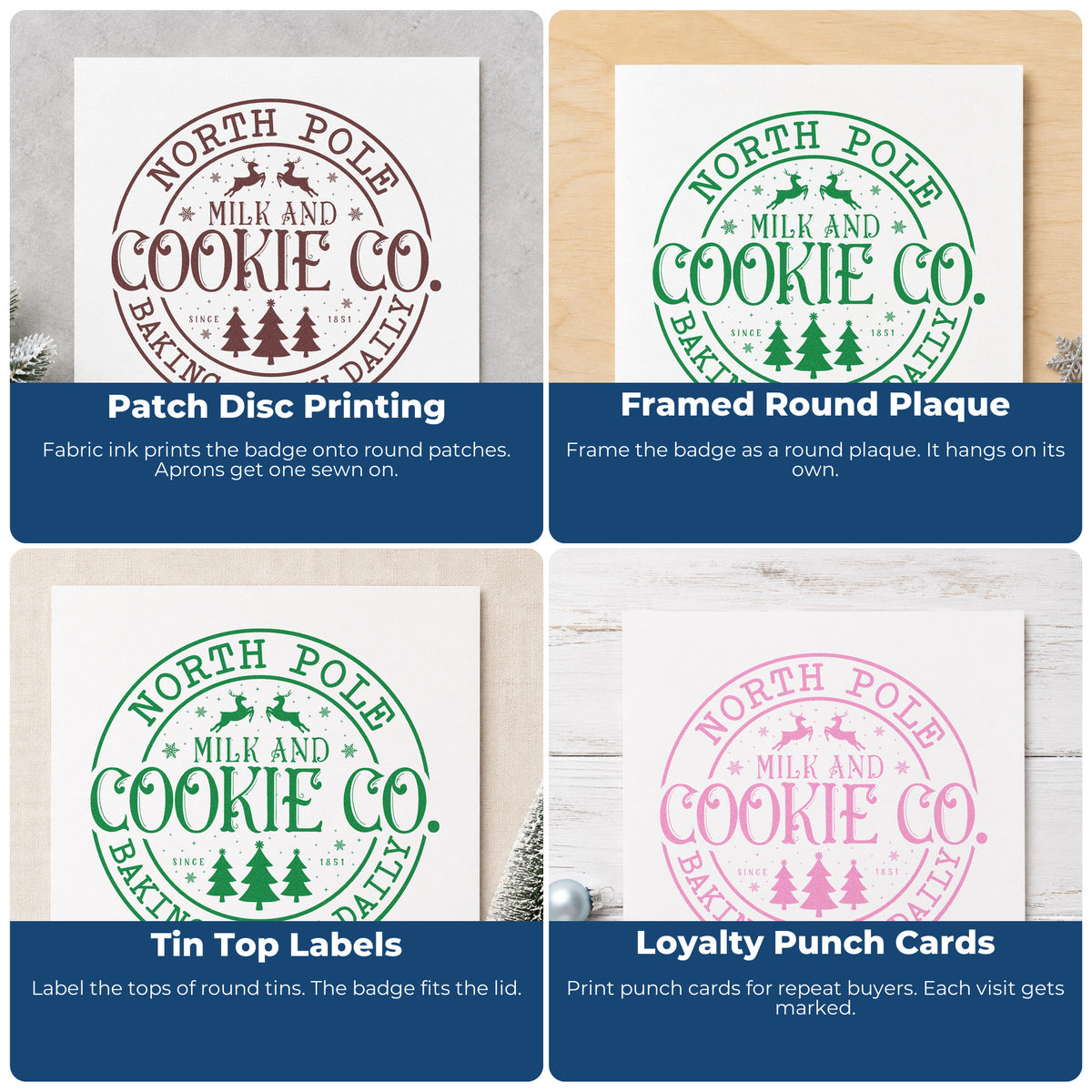 Four ways to use the Self-Inking North Pole Cookie Company Circle Reindeer Stamp: patch disc printing, framed round plaque, tin top labels and loyalty punch cards.