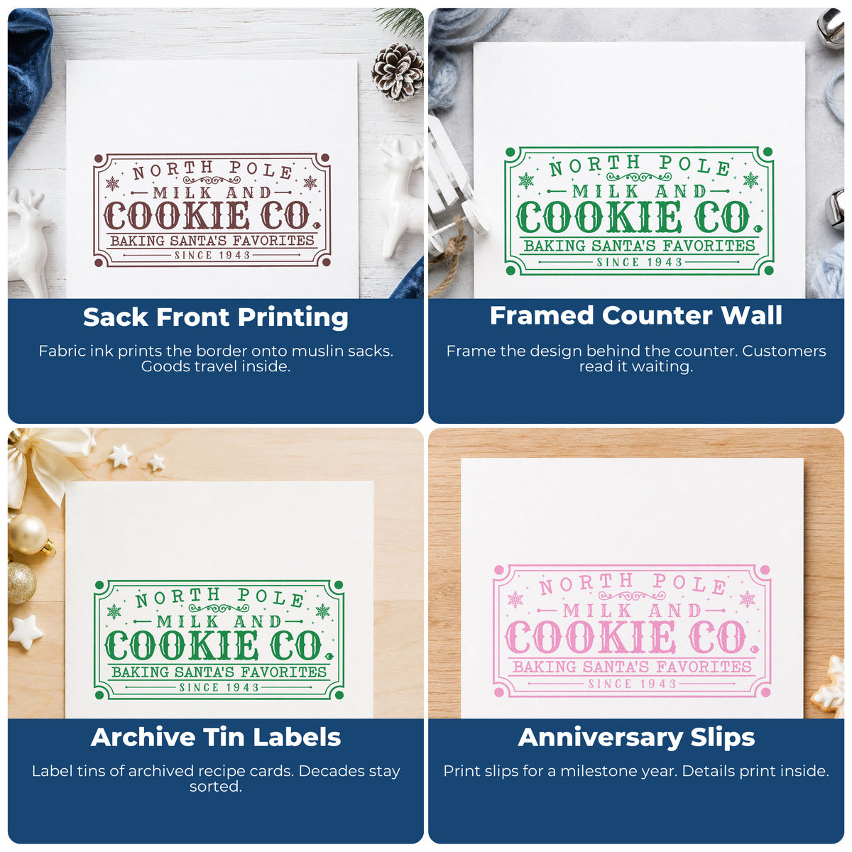 Four ways to use the North Pole Santa's Favorites Sign Rubber Stamp – Duo Hand: sack front printing, framed counter wall, archive tin labels and anniversary slips.