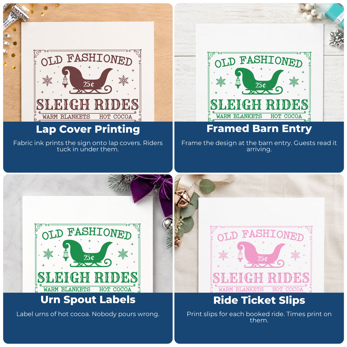 Four ways to use the Old Fashioned Sleigh Rides Snowflakes Stamp - Premium Vintage Pro Wooden: lap cover printing, framed barn entry, urn spout labels and ride ticket slips.