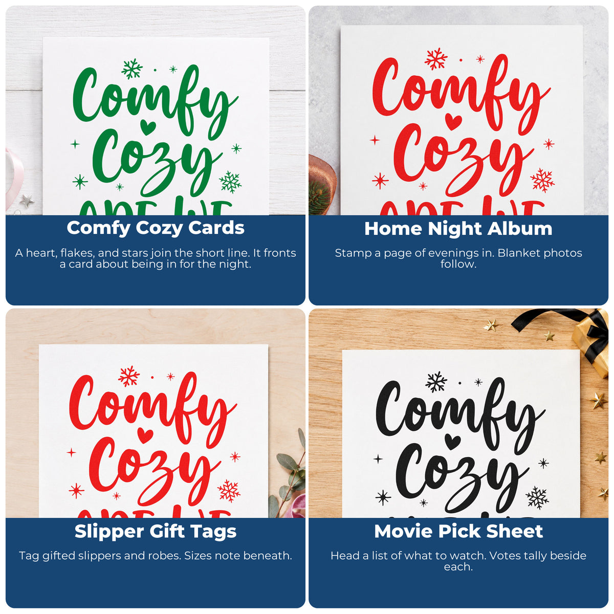 Four ways to use the Comfy Cozy Are We Stamp – Self-Inking: comfy cozy cards, home night album, slipper gift tags and movie pick sheet.