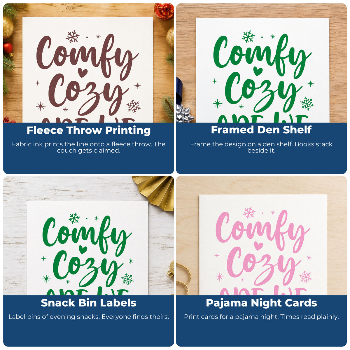 Four ways to use the Comfy Cozy Are We PSI Pre-Inked Stamp: fleece throw printing, framed den shelf, snack bin labels and pajama night cards.