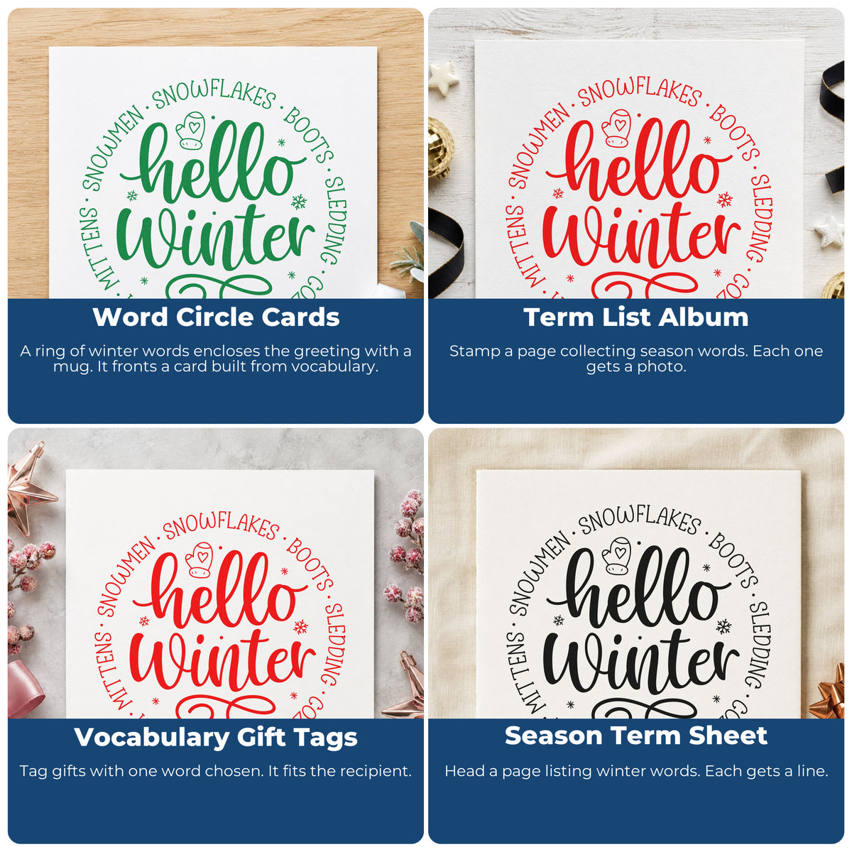 Four ways to use the Hello Winter Pre-Inked Stamp – PSI: word circle cards, term list album, vocabulary gift tags and season term sheet.