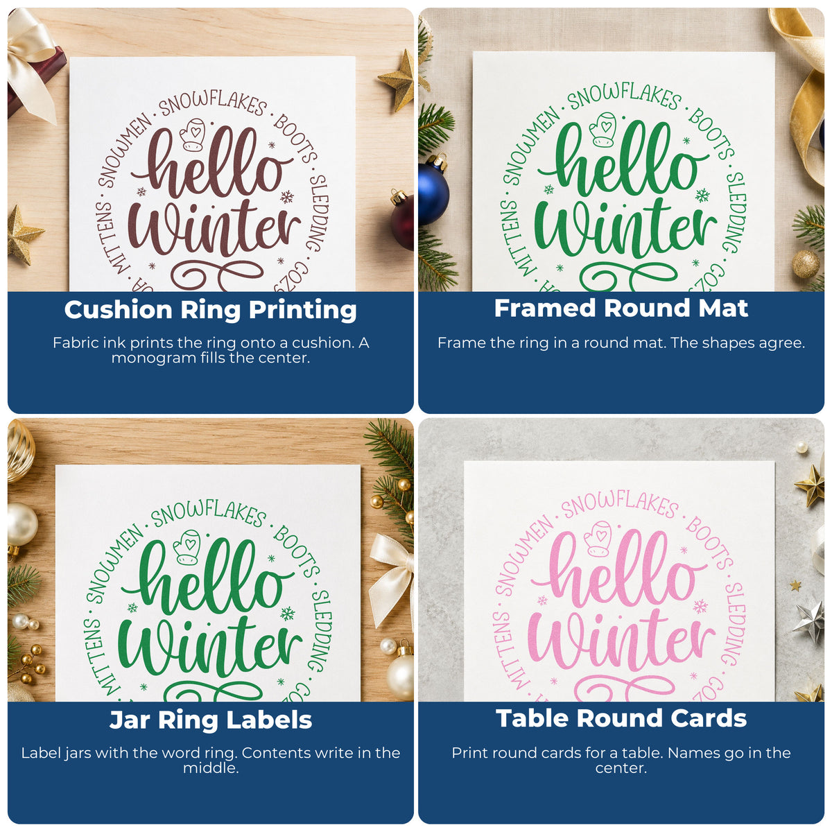 Four ways to use the Hello Winter Wood Handle Stamp: cushion ring printing, framed round mat, jar ring labels and table round cards.