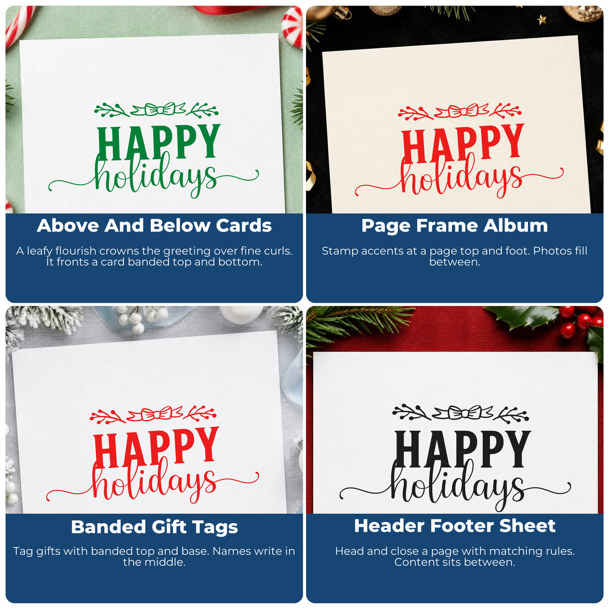 Four ways to use the Happy Holidays Leafy Flourish Rubber Stamp – Wood Handle: above and below cards, page frame album, banded gift tags and header footer sheet.