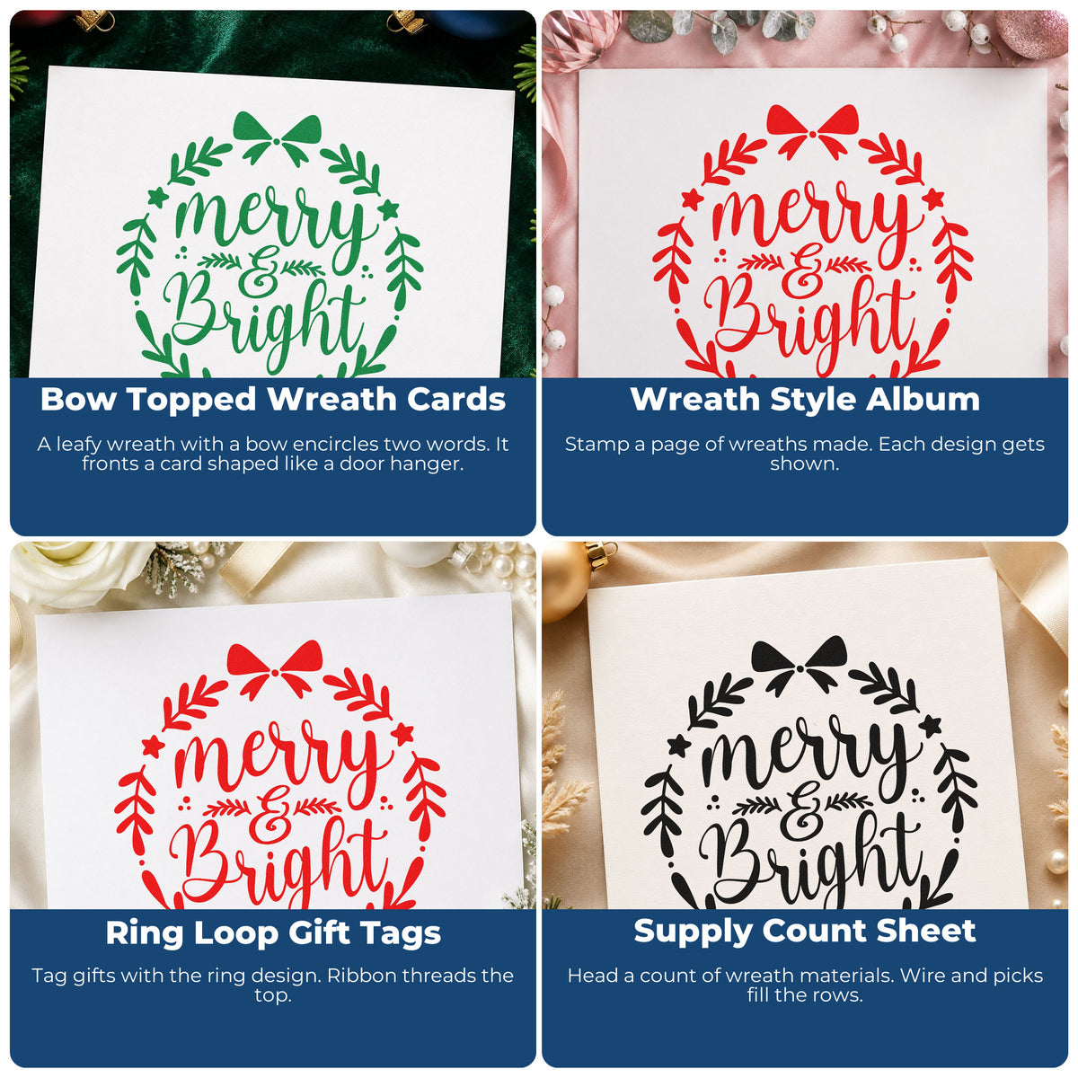 Four ways to use the Merry & Bright Leaf Wreath PSI Pre-Inked Stamp: bow topped wreath cards, wreath style album, ring loop gift tags and supply count sheet.