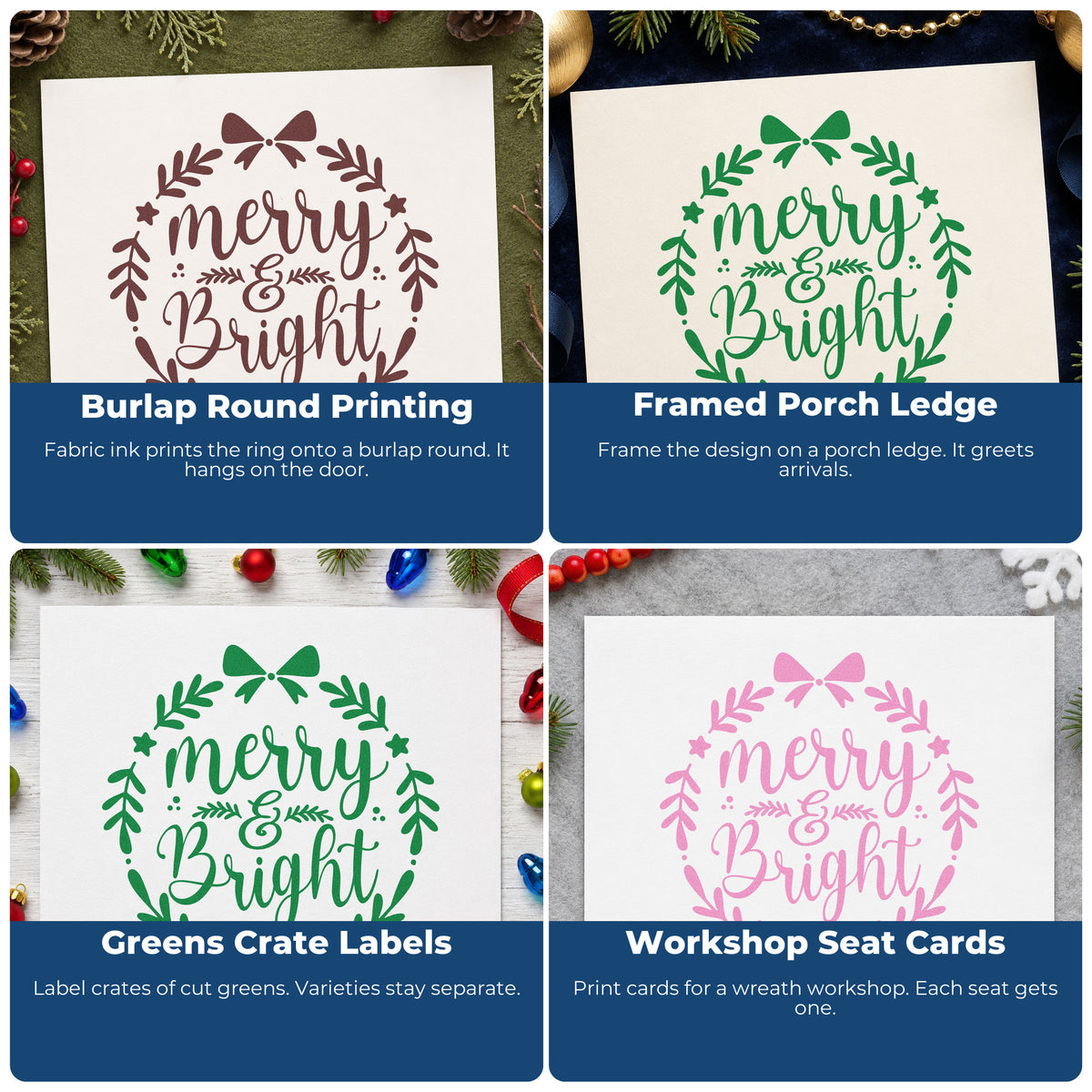 Four ways to use the Merry & Bright Leaf Wreath Compact Pre-Inked Stamp – Slim: burlap round printing, framed porch ledge, greens crate labels and workshop seat cards.
