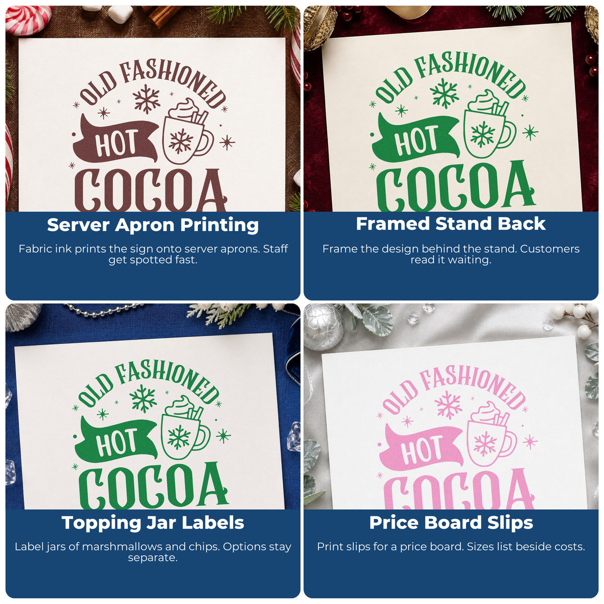Four ways to use the Vintage Pro Old Fashioned Hot Cocoa Served Here Premium Wooden Stamp: server apron printing, framed stand back, topping jar labels and price board slips.