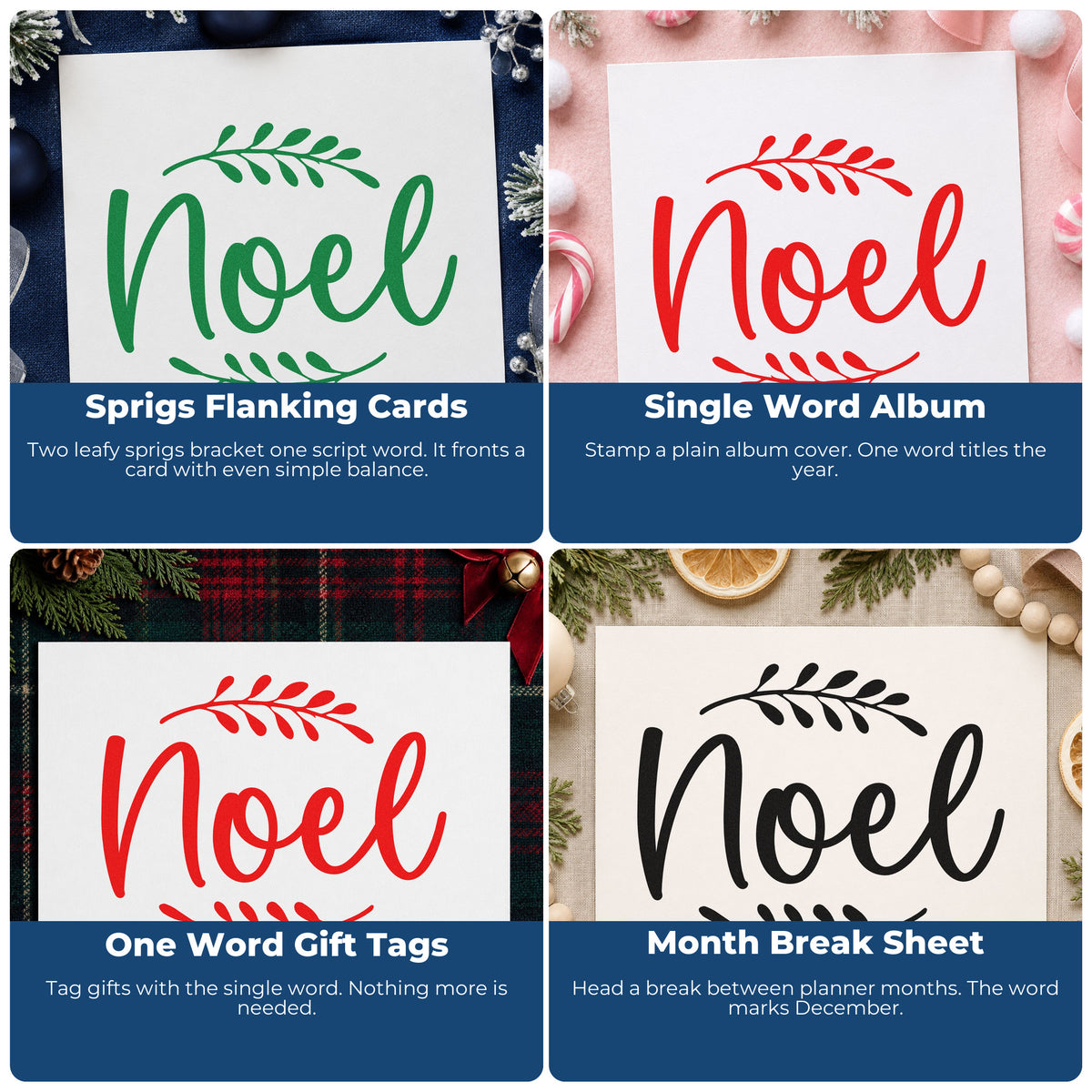 Four ways to use the Noel With Leafy Sprigs Script Lettering Rubber Stamp – Duo Hand: sprigs flanking cards, single word album, one word gift tags and month break sheet.