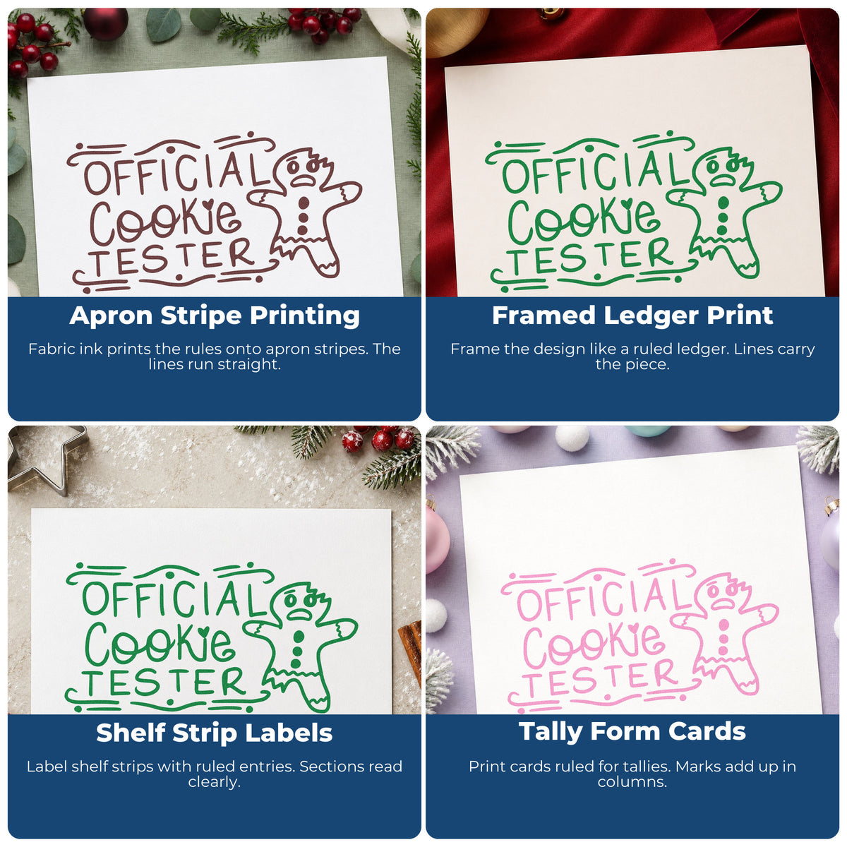 Four ways to use the Official Cookie Tester Gingerbread PSI Pre-Inked Stamp: apron stripe printing, framed ledger print, shelf strip labels and tally form cards.