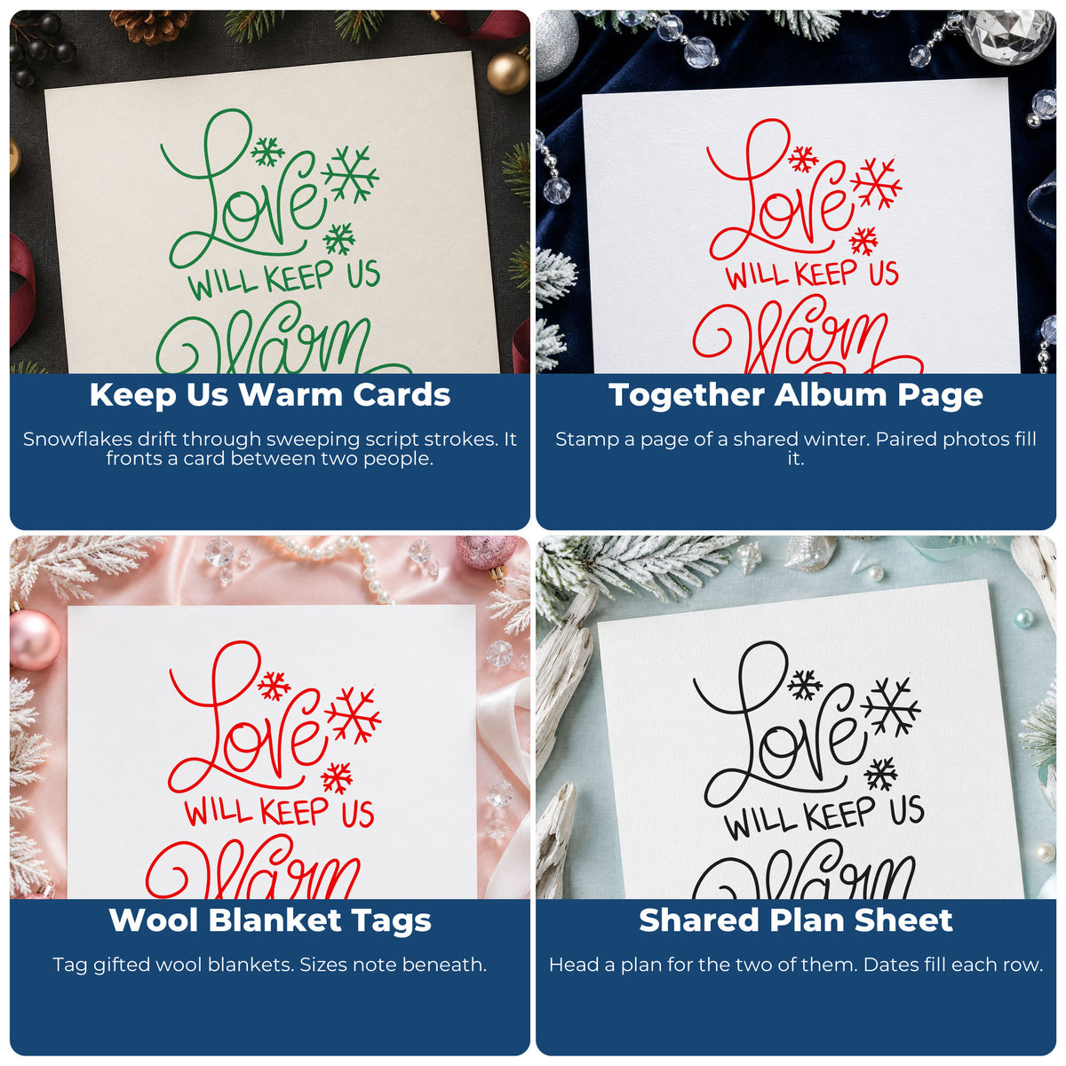 Four ways to use the Love Will Keep Us Warm Stamp – Self-Inking: keep us warm cards, together album page, wool blanket tags and shared plan sheet.