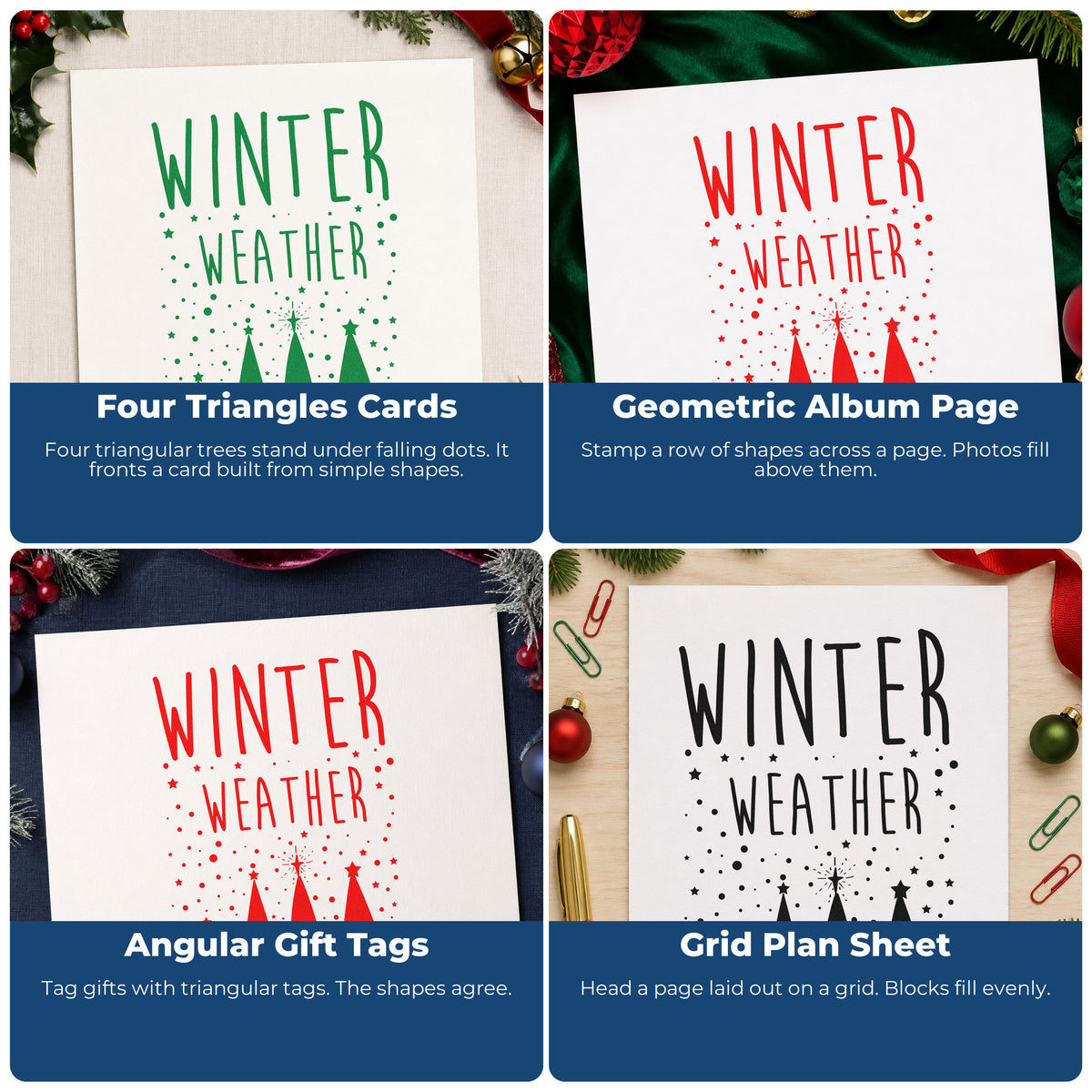 Four ways to use the Winter Weather Four Trees Lettering Self-Inking Stamp: four triangles cards, geometric album page, angular gift tags and grid plan sheet.