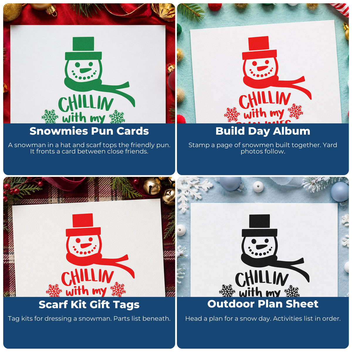 Four ways to use the Chillin With My Snowmies Rubber Stamp – Wood Handle: snowmies pun cards, build day album, scarf kit gift tags and outdoor plan sheet.
