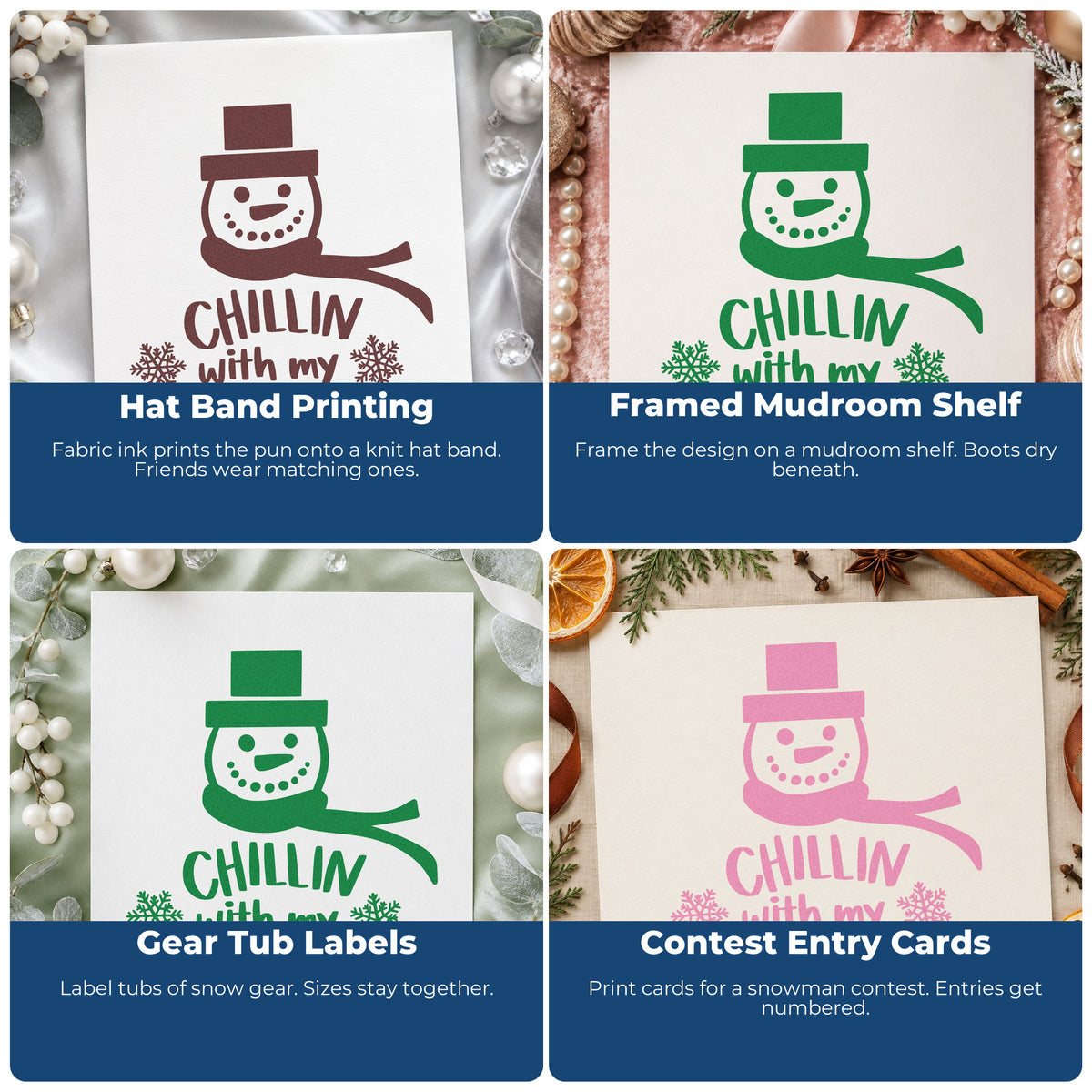 Four ways to use the Chillin With My Snowmies Rubber Stamp – Wood Handle: hat band printing, framed mudroom shelf, gear tub labels and contest entry cards.