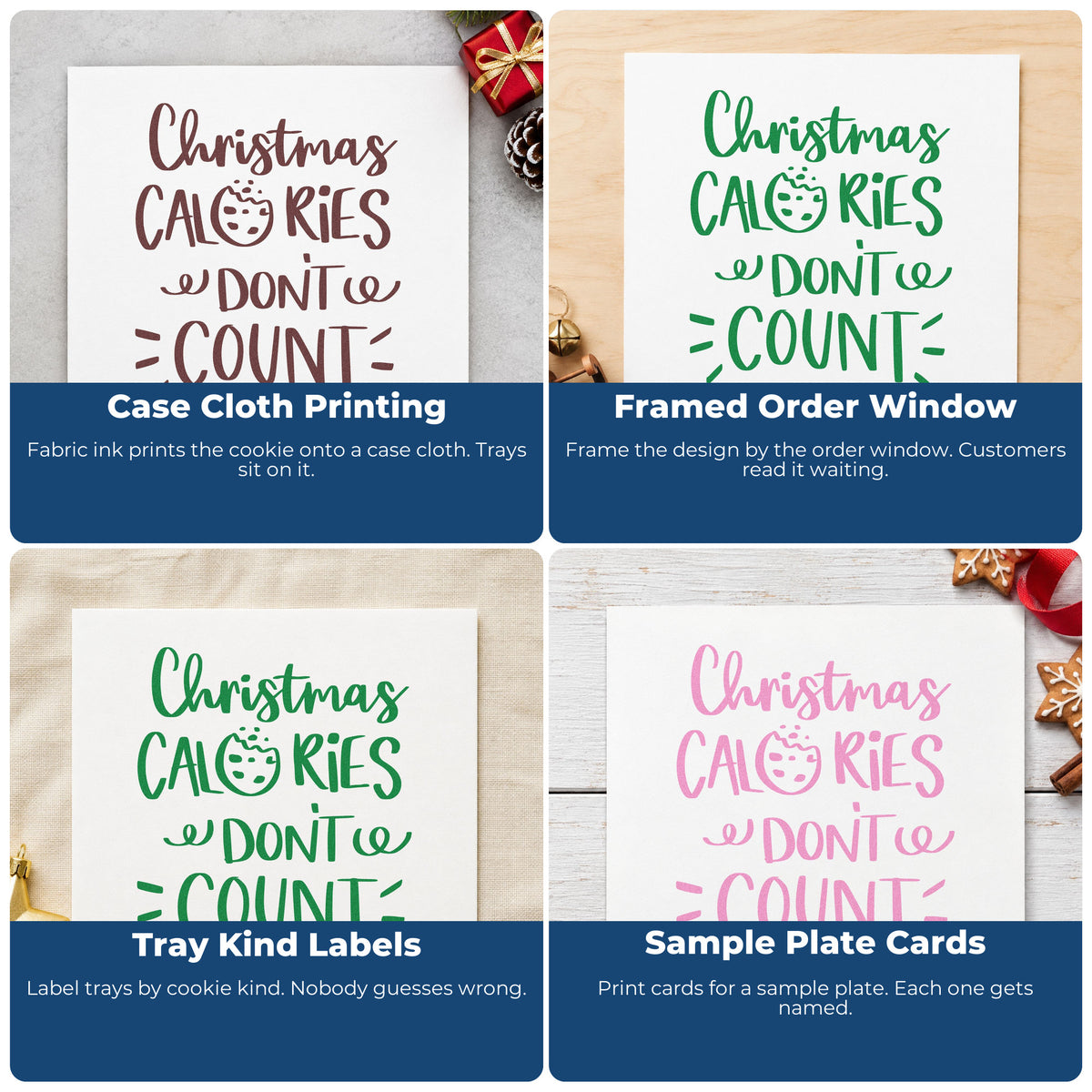 Four ways to use the Christmas Calories Don't Count Cookies Pre-Inked Stamp – Slim: case cloth printing, framed order window, tray kind labels and sample plate cards.