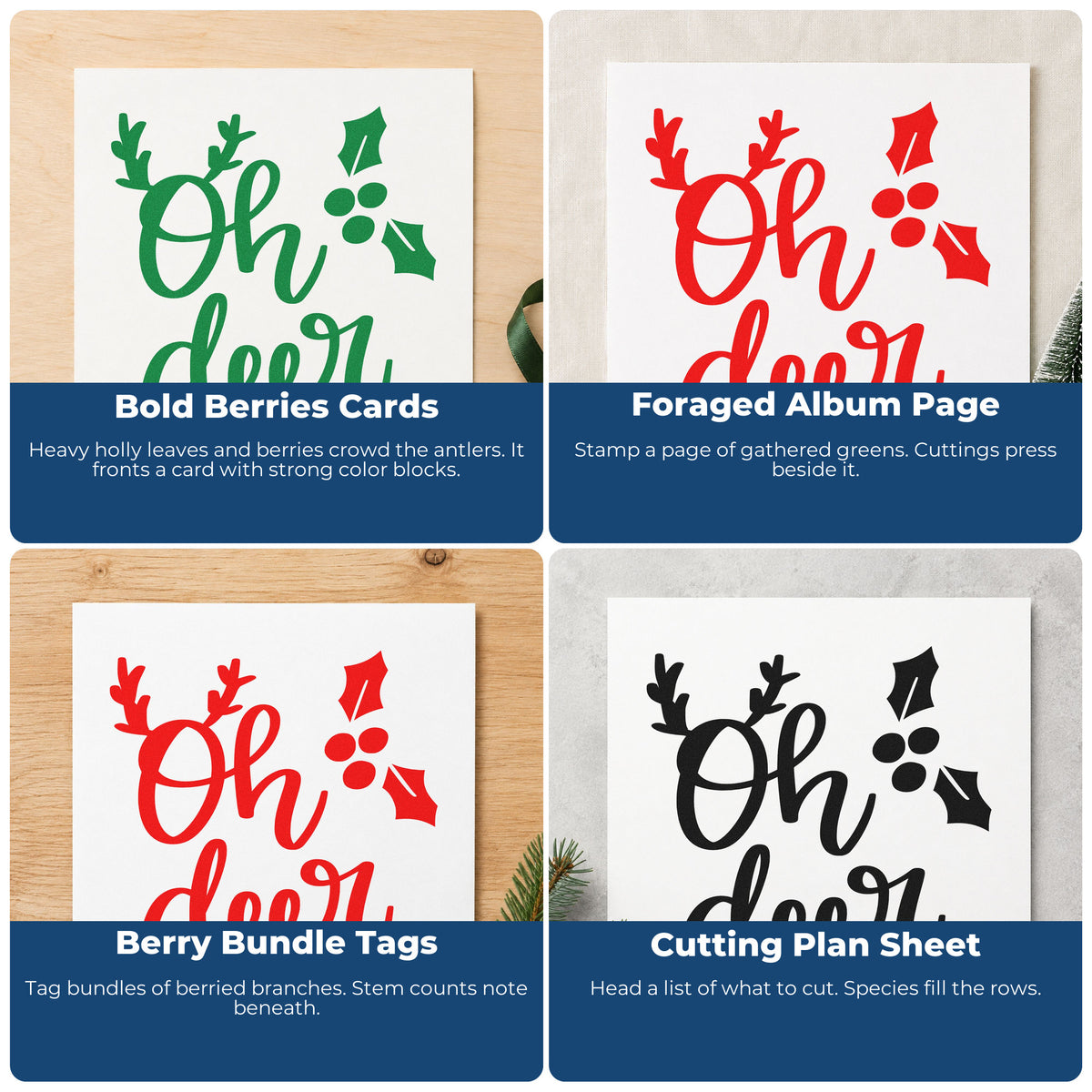 Four ways to use the Oh Deer Holly Antlers Leaf Accents Compact Pre-Inked Stamp – Slim: bold berries cards, foraged album page, berry bundle tags and cutting plan sheet.