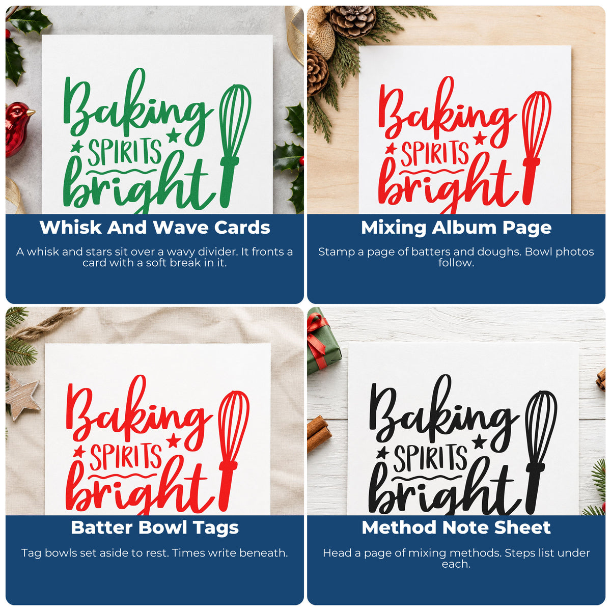 Four ways to use the Baking Spirits Bright Whisk Slim Pre-Inked Stamp: whisk and wave cards, mixing album page, batter bowl tags and method note sheet.