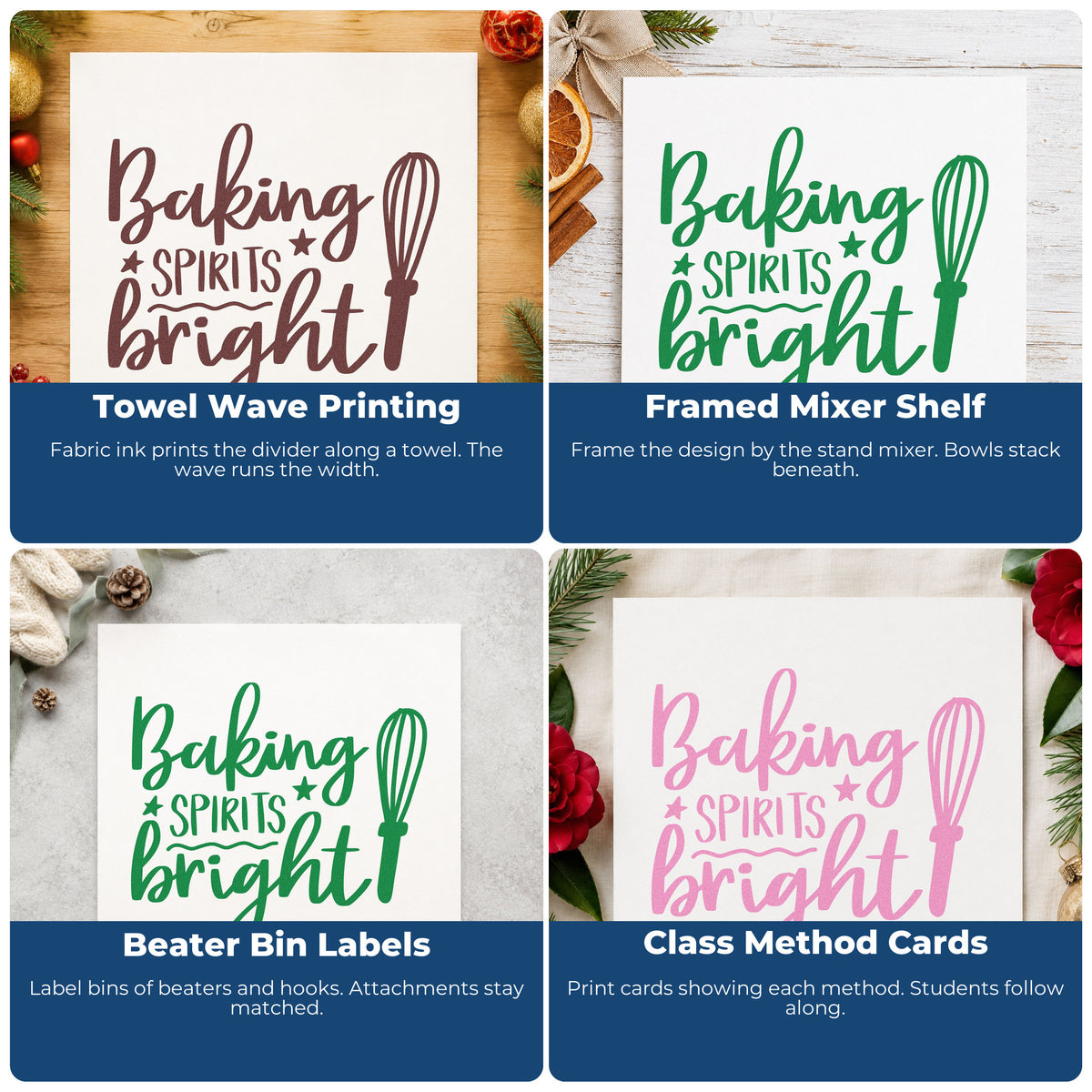 Four ways to use the Baking Spirits Bright Whisk Stamp – Self-Inking: towel wave printing, framed mixer shelf, beater bin labels and class method cards.