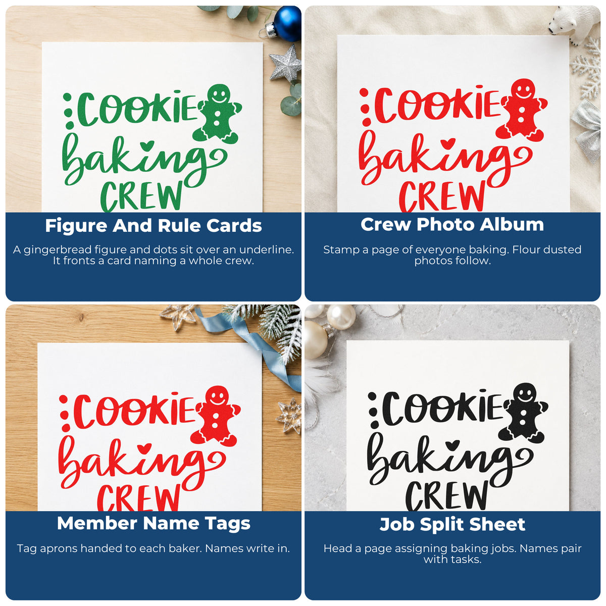 Four ways to use the Cookie Baking Crew Gingerbread PSI Pre-Inked Stamp: figure and rule cards, crew photo album, member name tags and job split sheet.