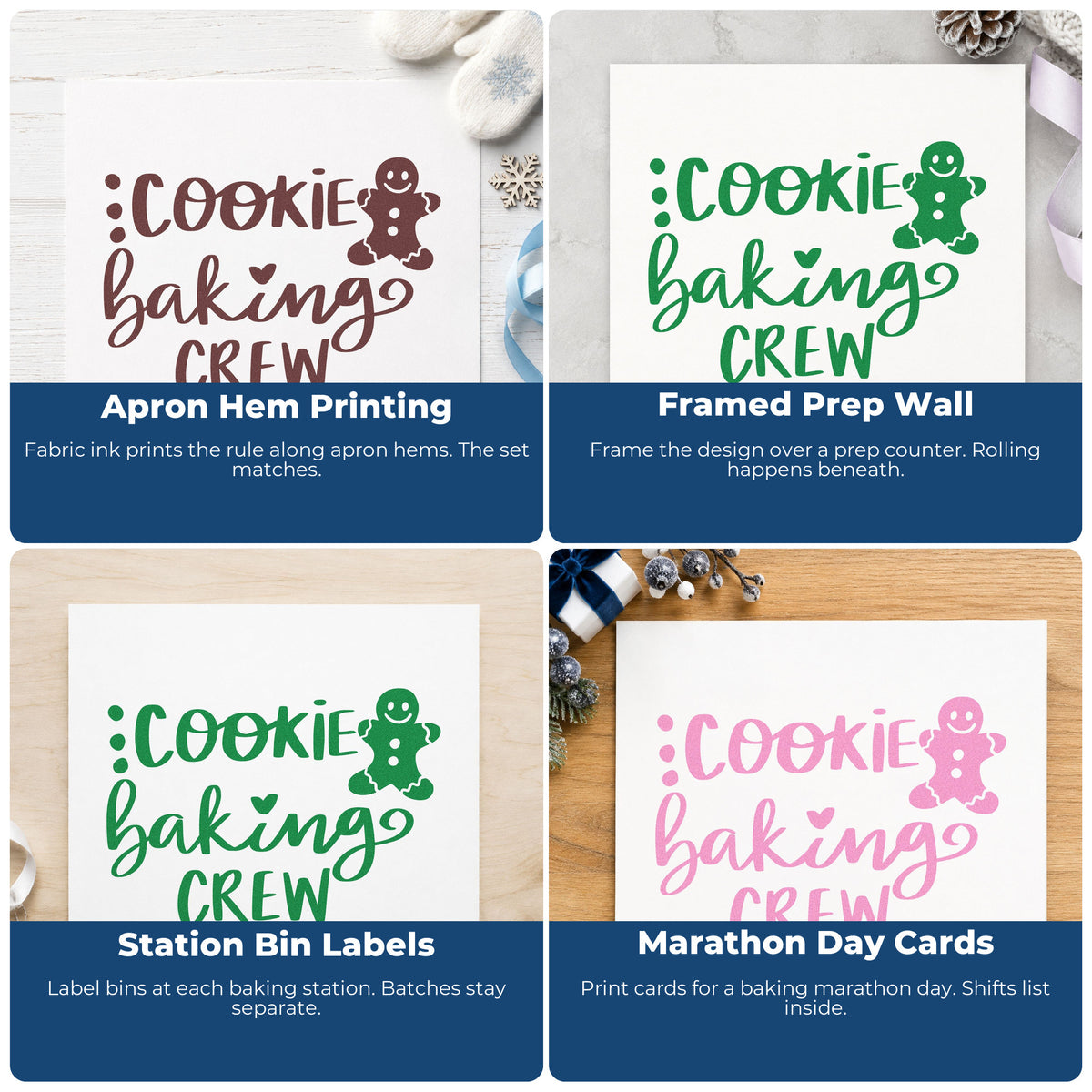 Four ways to use the Cookie Baking Crew Gingerbread PSI Pre-Inked Stamp: apron hem printing, framed prep wall, station bin labels and marathon day cards.