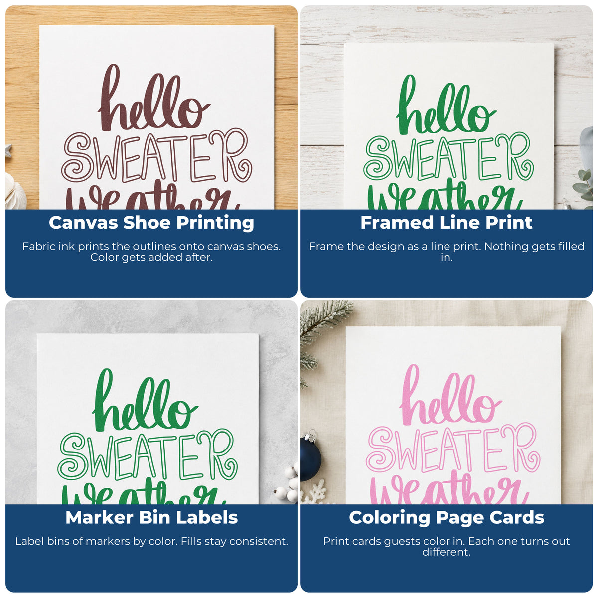 Four ways to use the Hello Sweater Weather Self-Inking Stamp: canvas shoe printing, framed line print, marker bin labels and coloring page cards.