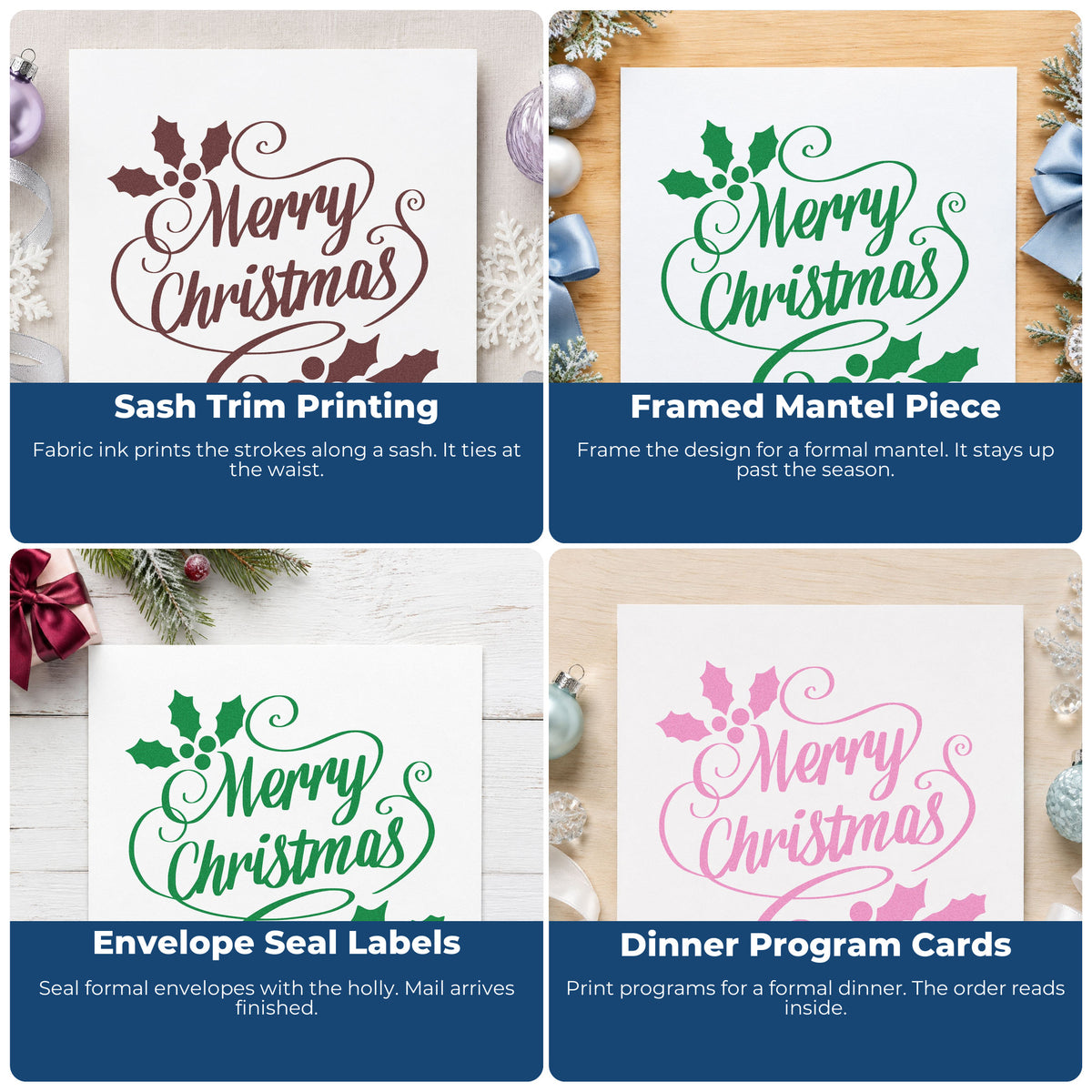Four ways to use the Merry Christmas Holly Flourishes Hand Stamp – Duo: sash trim printing, framed mantel piece, envelope seal labels and dinner program cards.