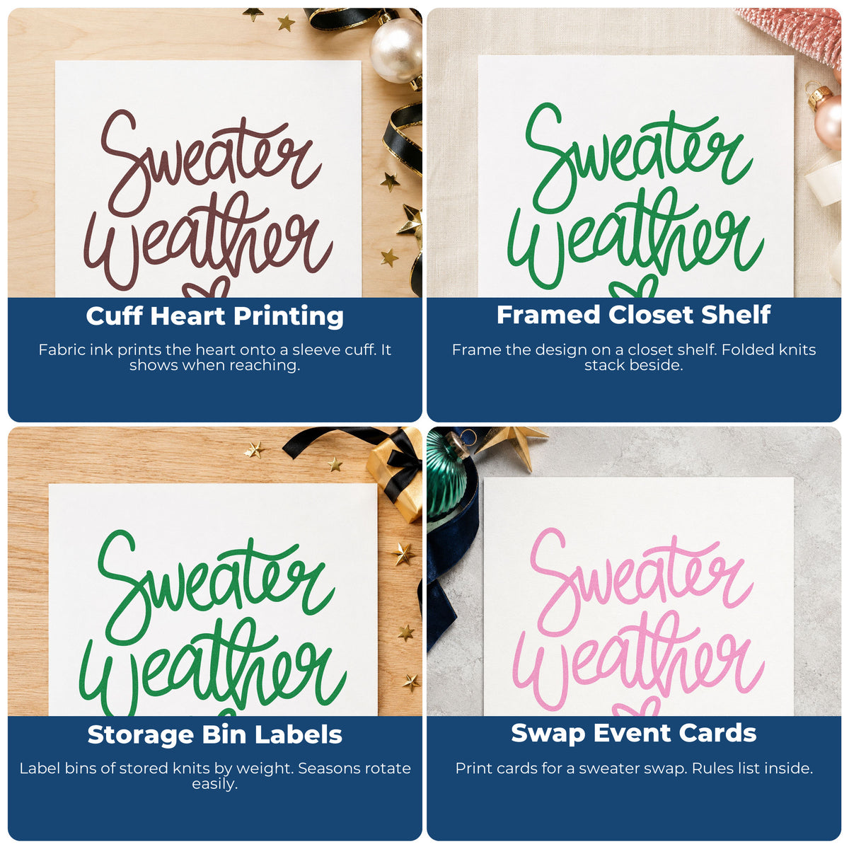 Four ways to use the Sweater Weather Little Heart Script Lettering Wood Handle Stamp: cuff heart printing, framed closet shelf, storage bin labels and swap event cards.
