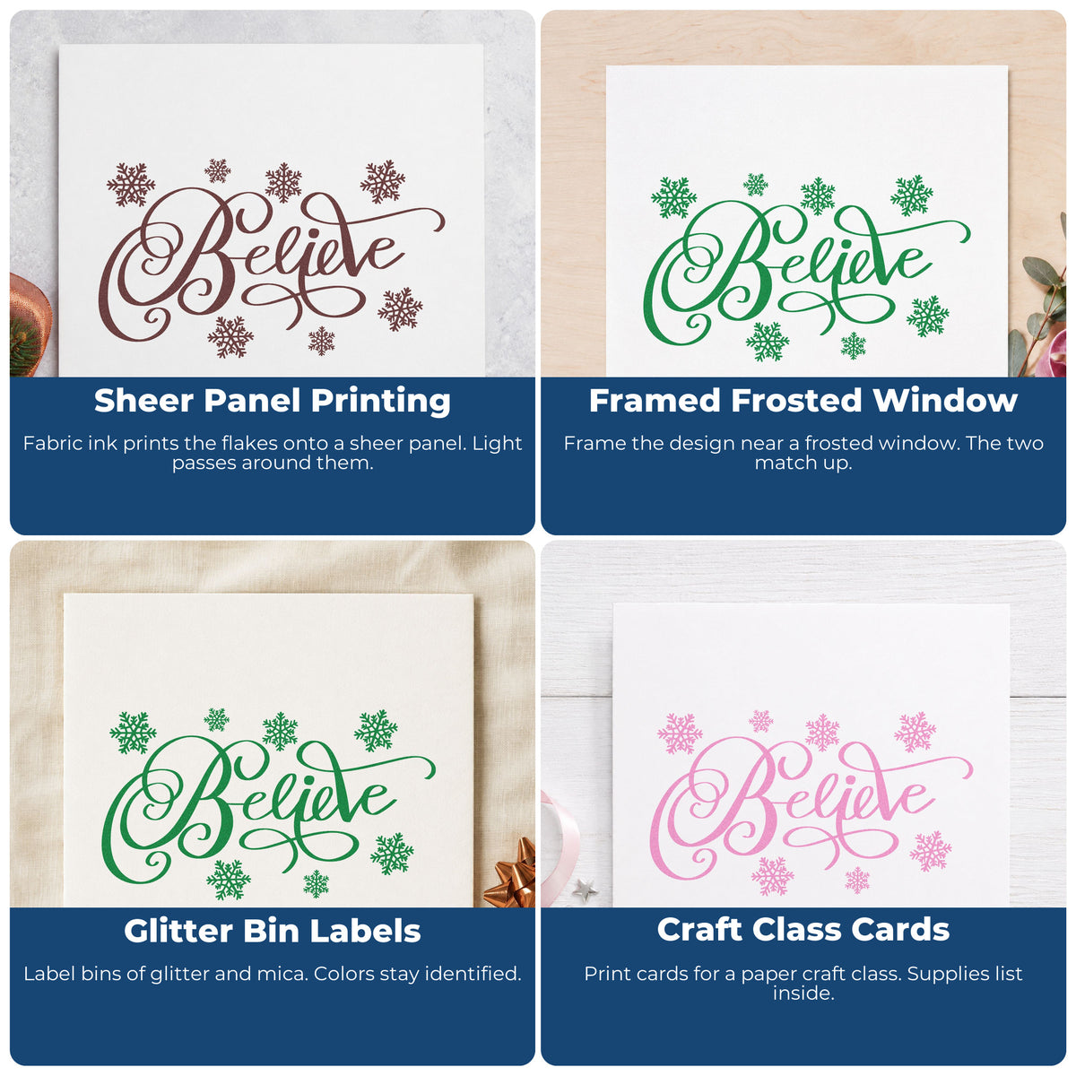 Four ways to use the Pre-Inked Believe Surrounded By Snowflakes Stamp – PSI: sheer panel printing, framed frosted window, glitter bin labels and craft class cards.