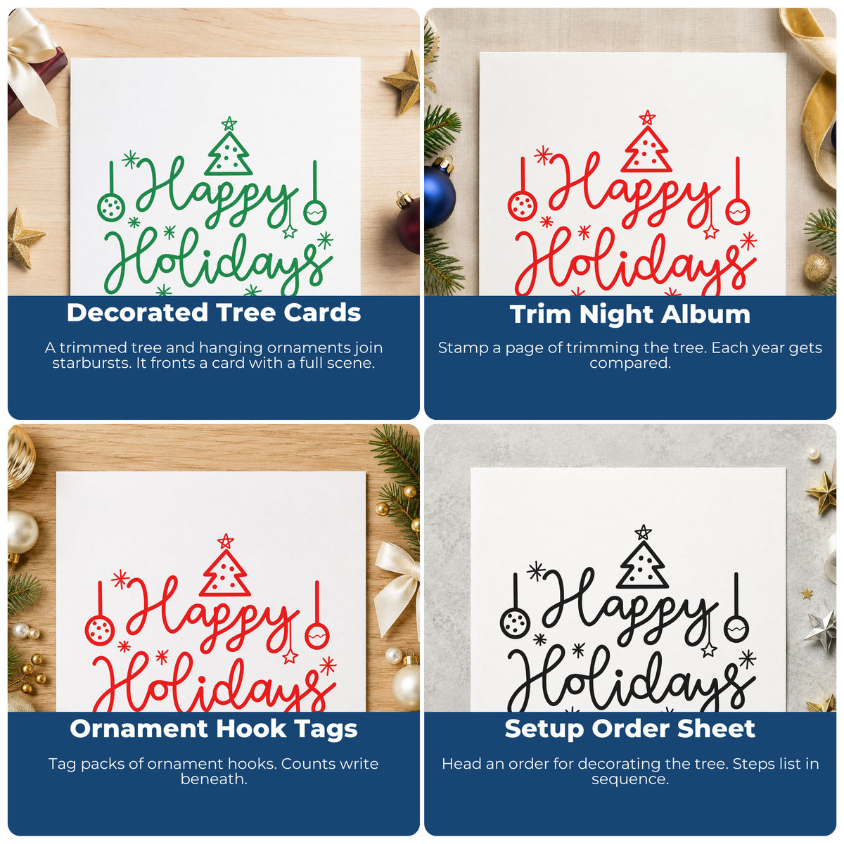 Four ways to use the Happy Holidays Tree Ornaments With Sparkles Stamp – Wood Handle: decorated tree cards, trim night album, ornament hook tags and setup order sheet.
