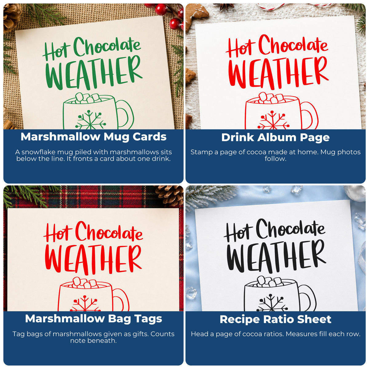 Four ways to use the Hot Chocolate Weather Mug Rubber Stamp – Wood Handle: marshmallow mug cards, drink album page, marshmallow bag tags and recipe ratio sheet.