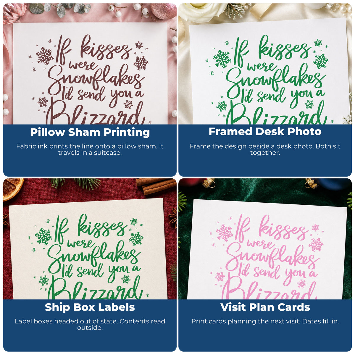 Four ways to use the Kisses Snowflakes Blizzard Quote Rubber Stamp – Duo Hand: pillow sham printing, framed desk photo, ship box labels and visit plan cards.