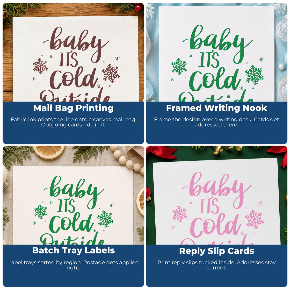 Four ways to use the Baby Cold Outside Snowflakes Hand Stamp – Duo: mail bag printing, framed writing nook, batch tray labels and reply slip cards.