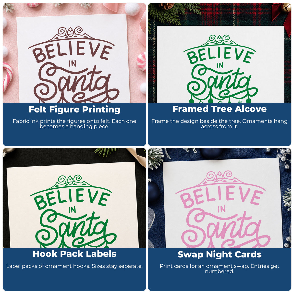 Four ways to use the Believe In Santa Ornaments Gingerbread Rubber Stamp – Wood Handle: felt figure printing, framed tree alcove, hook pack labels and swap night cards.