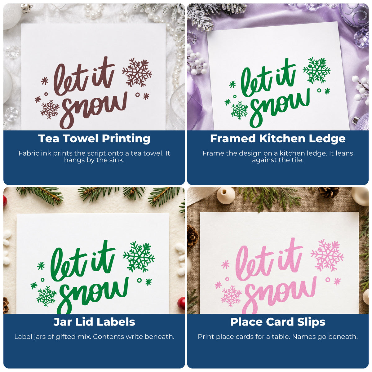 Four ways to use the Let It Snow Script Snowflakes Pre-Inked Stamp – Slim: tea towel printing, framed kitchen ledge, jar lid labels and place card slips.