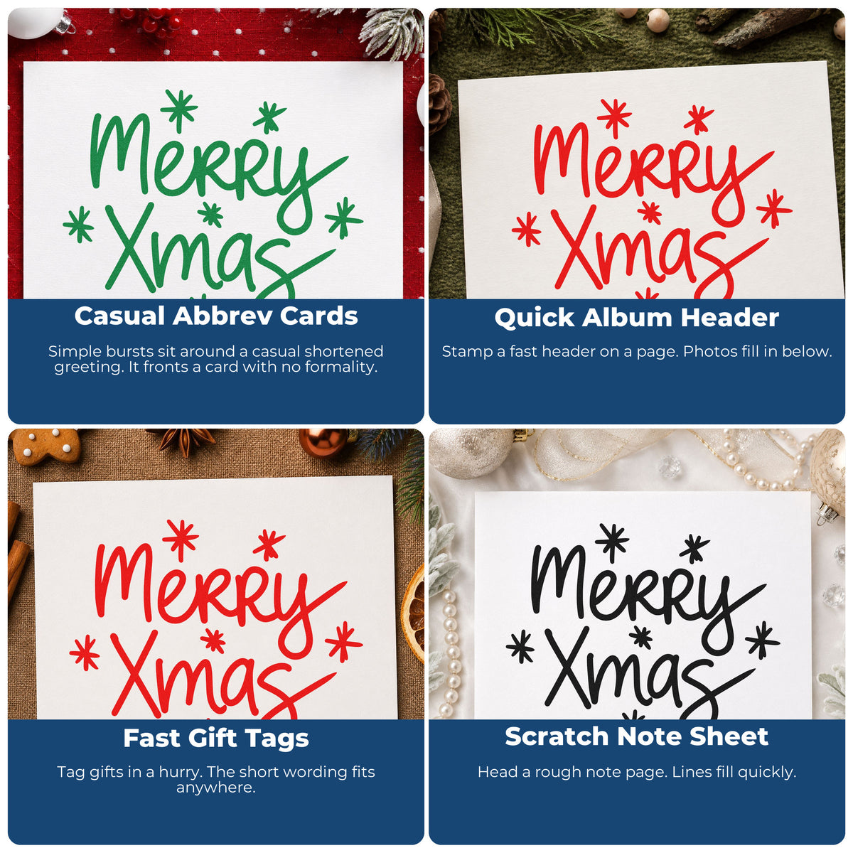 Four ways to use the Merry Xmas Starbursts PSI Pre-Inked Stamp: casual abbrev cards, quick album header, fast gift tags and scratch note sheet.