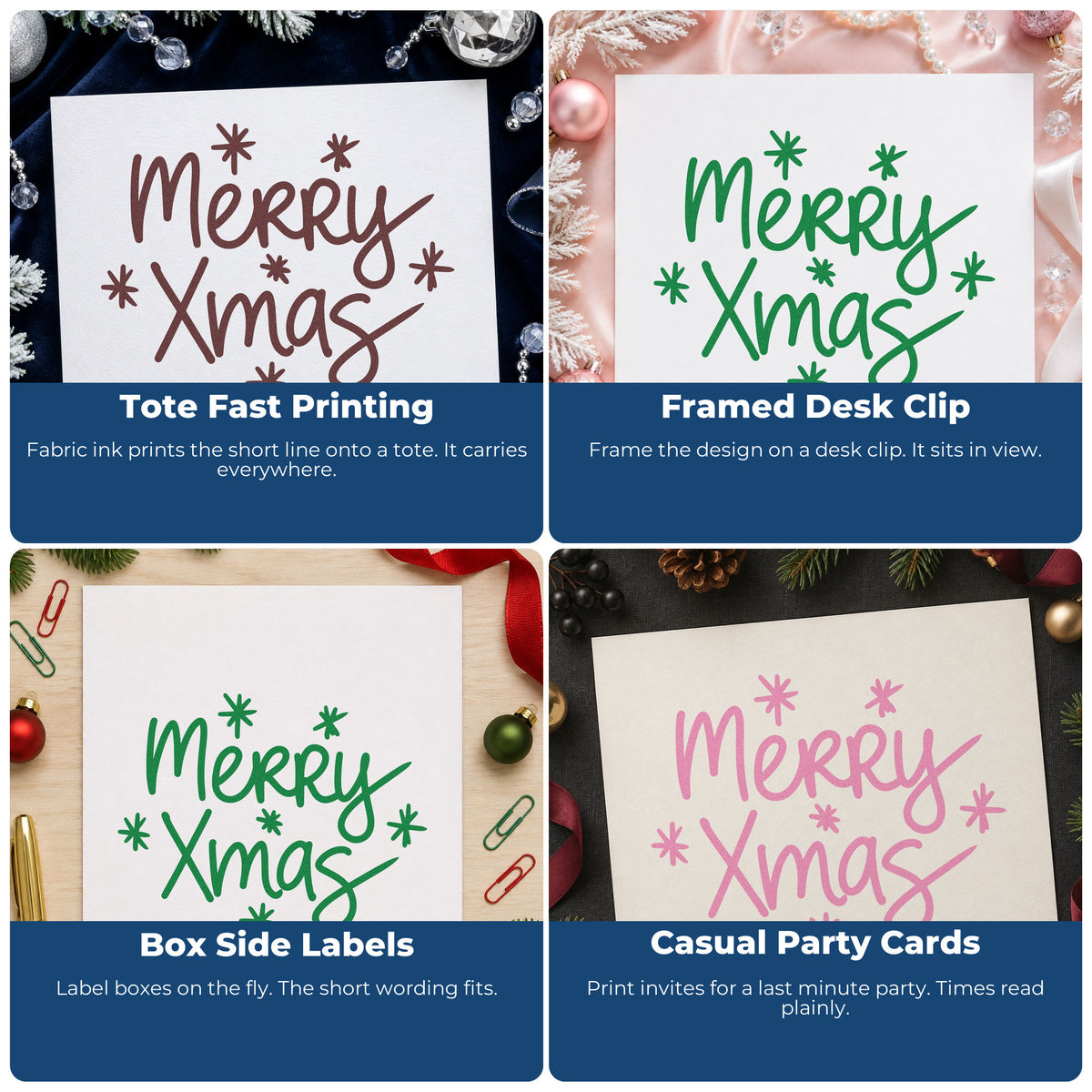 Four ways to use the Merry Xmas Starbursts Stamp – Slim Pre-Inked: tote fast printing, framed desk clip, box side labels and casual party cards.
