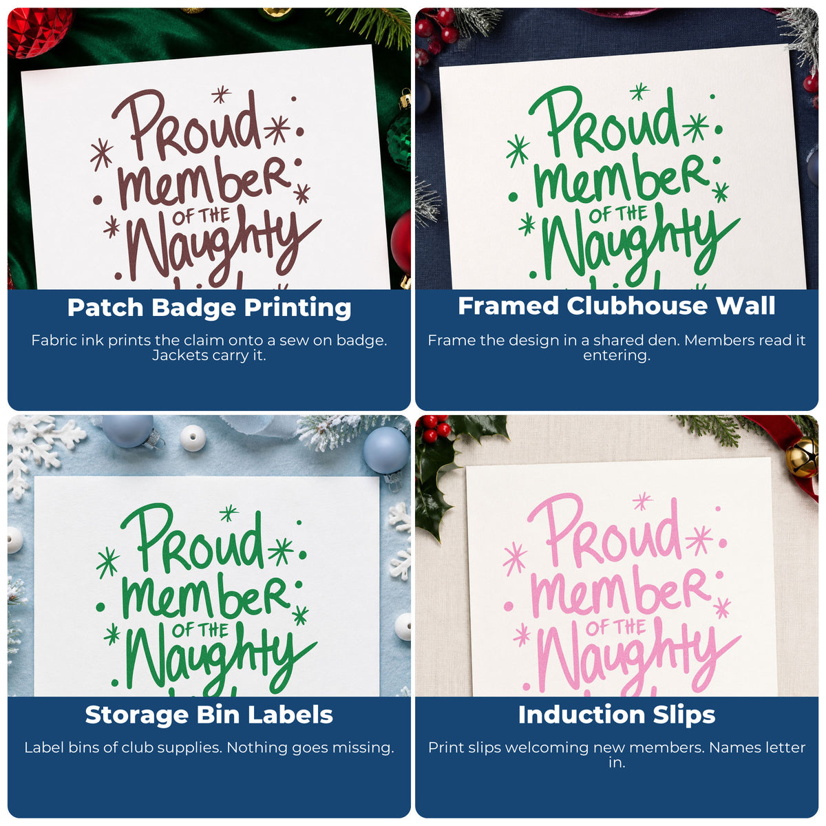 Four ways to use the Proud Naughty List Member Stamp - Premium Vintage Pro Wooden: patch badge printing, framed clubhouse wall, storage bin labels and induction slips.