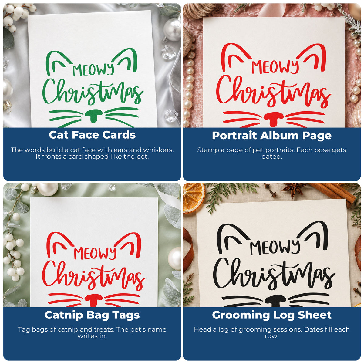 Four ways to use the Meowy Christmas Cat Face Hand Stamp – Duo: cat face cards, portrait album page, catnip bag tags and grooming log sheet.