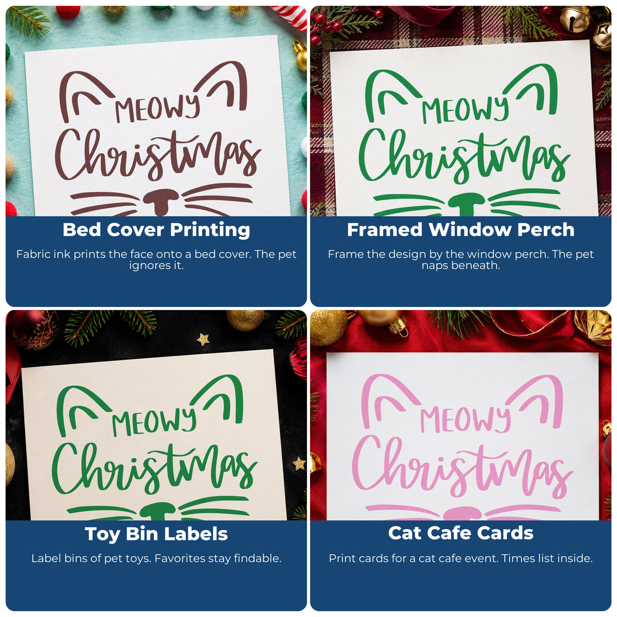 Four ways to use the Meowy Christmas Cat Face Hand Stamp – Duo: bed cover printing, framed window perch, toy bin labels and cat cafe cards.