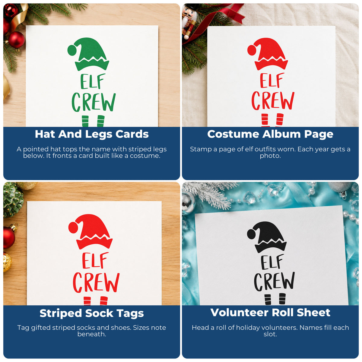 Four ways to use the Elf Crew Hat And Shoes Lettering Rubber Stamp – Duo Hand: hat and legs cards, costume album page, striped sock tags and volunteer roll sheet.