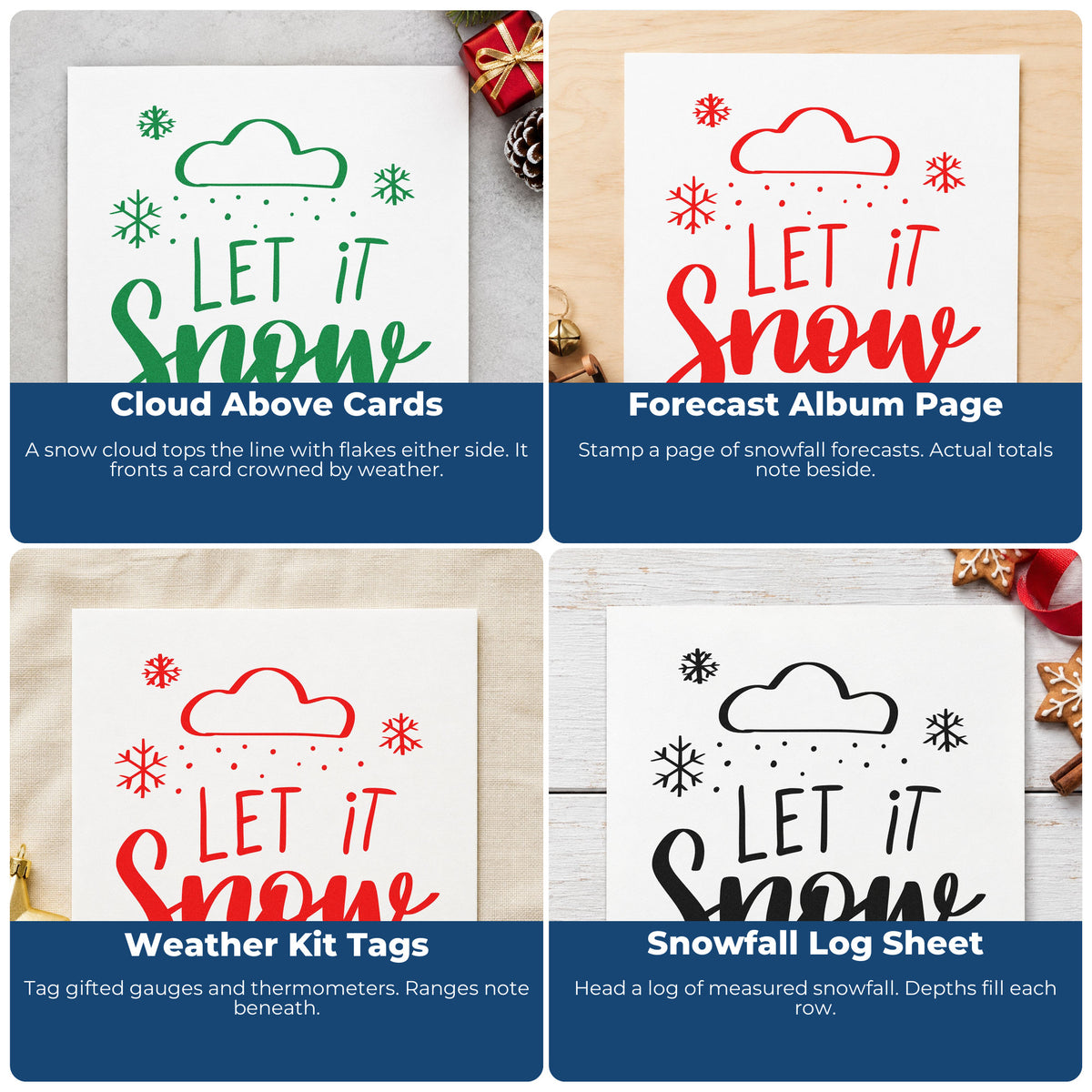 Four ways to use the Let It Snow Cloud Slim Pre-Inked Stamp: cloud above cards, forecast album page, weather kit tags and snowfall log sheet.