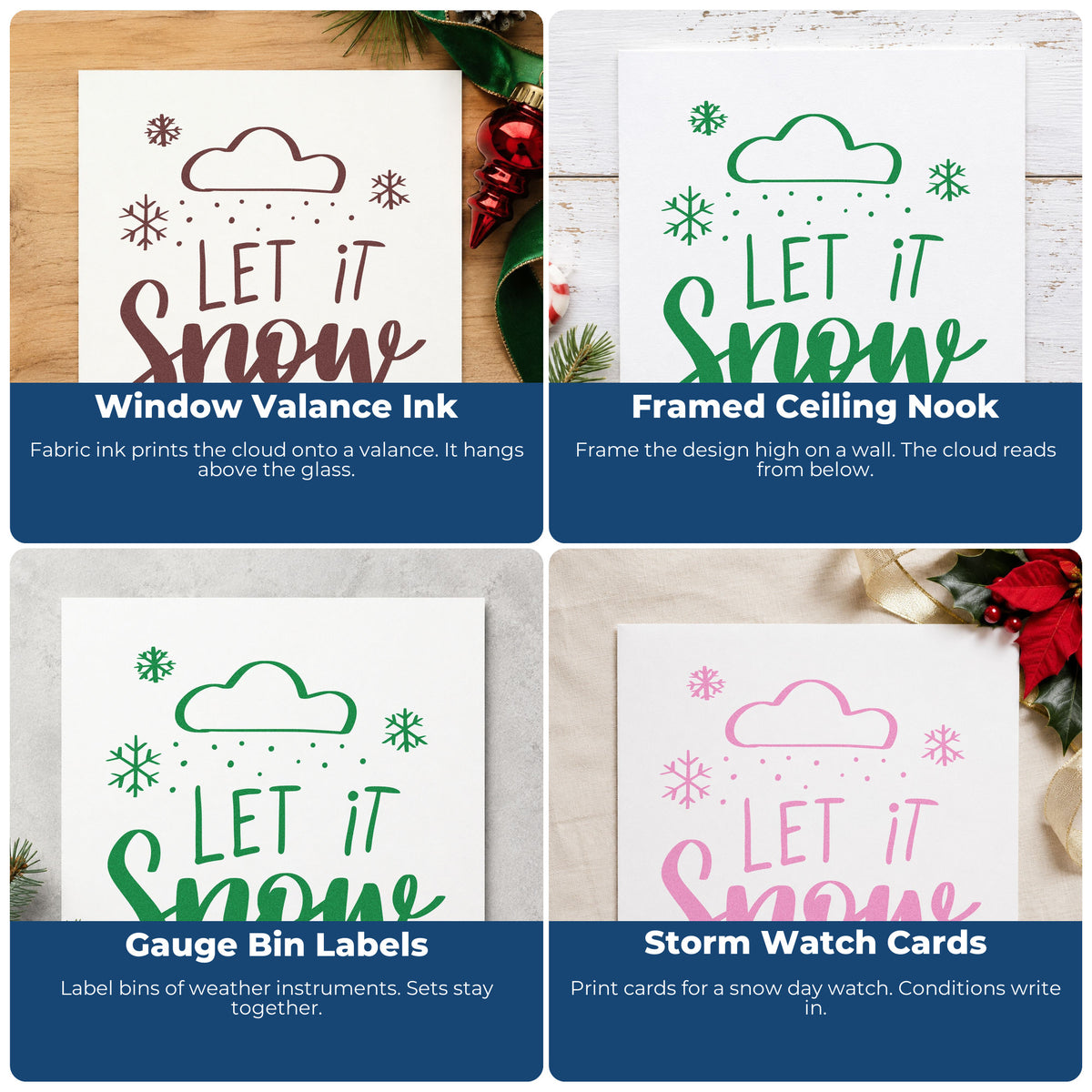 Four ways to use the Let It Snow Cloud Rubber Stamp – Wood Handle: window valance ink, framed ceiling nook, gauge bin labels and storm watch cards.