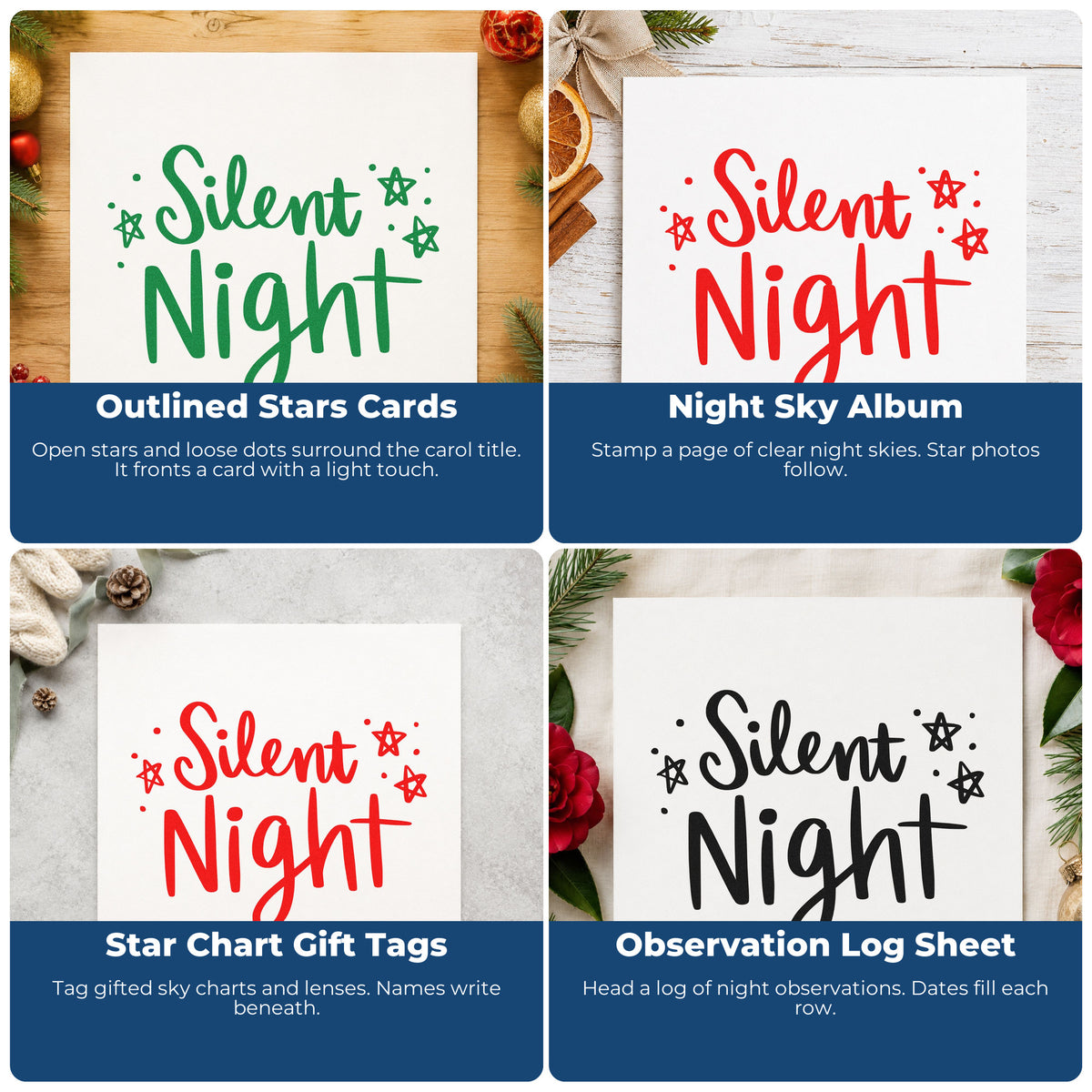 Four ways to use the Silent Night Hand Lettering Self-Inking Stamp: outlined stars cards, night sky album, star chart gift tags and observation log sheet.