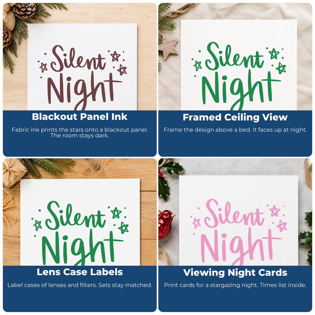Four ways to use the Vintage Pro Silent Night Hand Lettering Premium Wooden Stamp: blackout panel ink, framed ceiling view, lens case labels and viewing night cards.