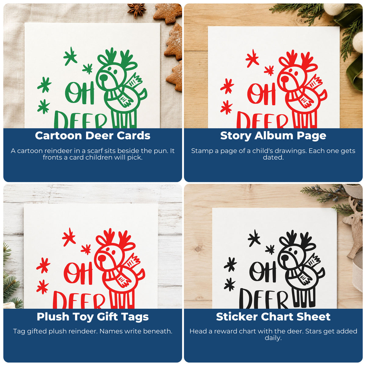 Four ways to use the Self-Inking Oh Deer Cartoon Reindeer With Sparkles Stamp: cartoon deer cards, story album page, plush toy gift tags and sticker chart sheet.