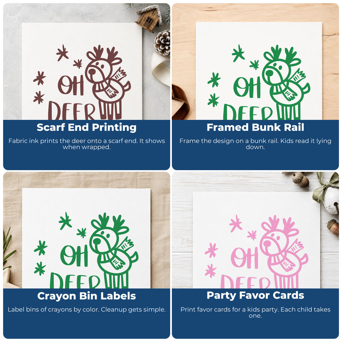 Four ways to use the Oh Deer Cartoon Reindeer With Sparkles Slim Pre-Inked Stamp: scarf end printing, framed bunk rail, crayon bin labels and party favor cards.