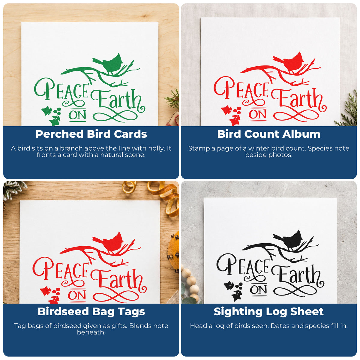 Four ways to use the Peace On Earth Bird Branch PSI Pre-Inked Stamp: perched bird cards, bird count album, birdseed bag tags and sighting log sheet.