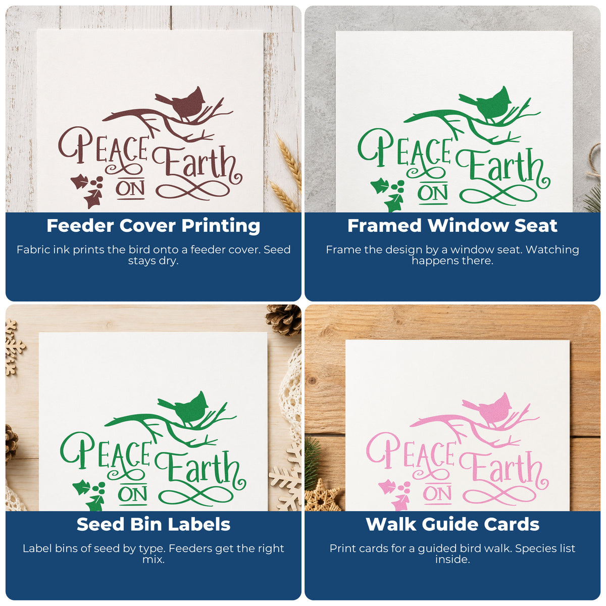 Four ways to use the Peace On Earth Bird Branch Pre-Inked Stamp – Slim: feeder cover printing, framed window seat, seed bin labels and walk guide cards.